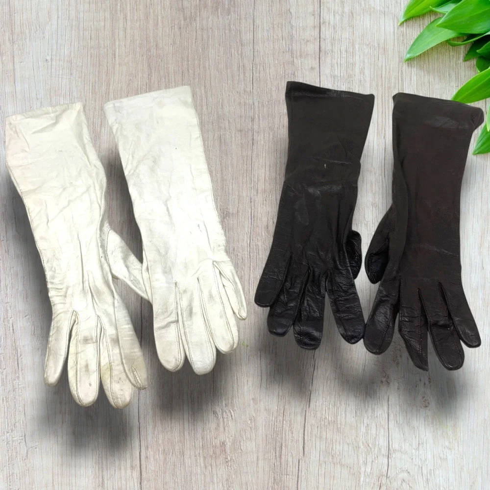 Lot 2 x Vintage Hudson's Kid Leather Gauntlet Gloves France Sz 6 Silk Lined